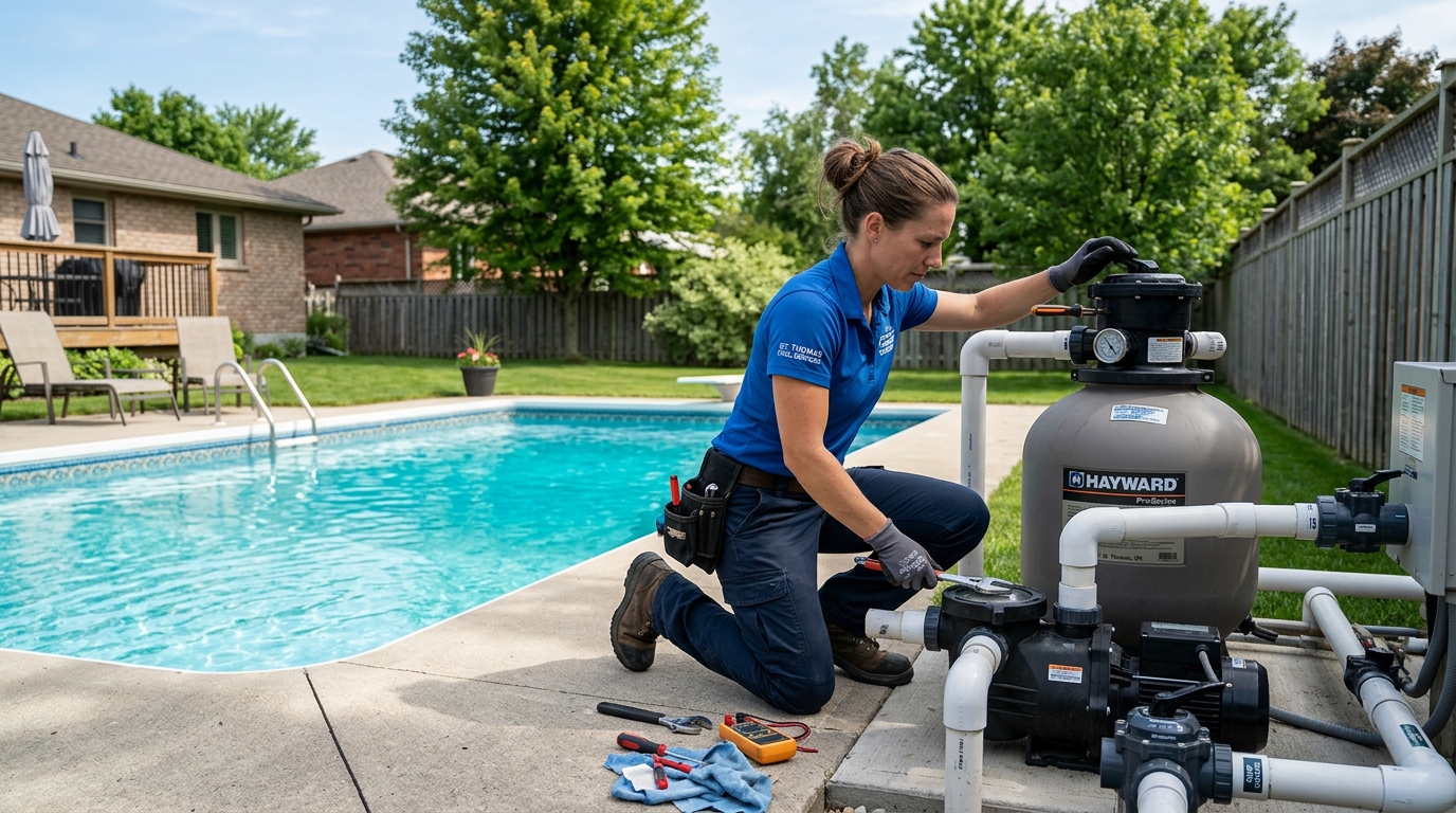 Service technician inspecting pool filter and pump